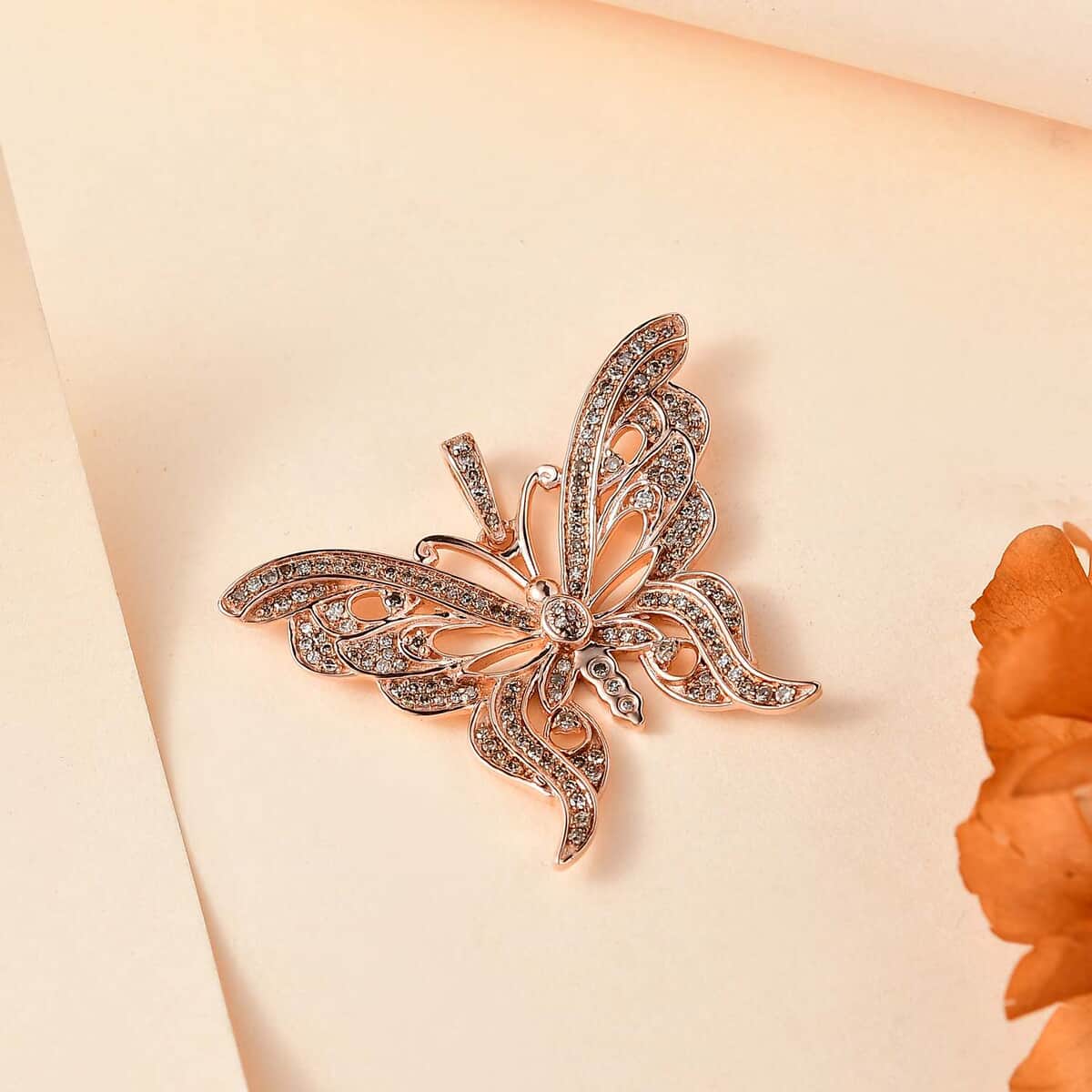 Natural Champagne Diamond 0.50 ctw Butterfly Pendant in 18K Vermeil Rose Gold Over Sterling Silver image number 1