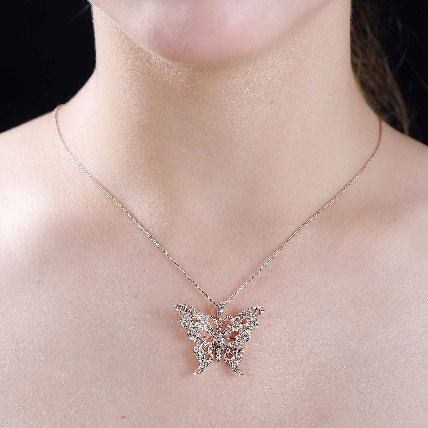 Natural Champagne Diamond 0.50 ctw Butterfly Pendant without Chain in 18K Vermeil Rose Gold Over Sterling Silver