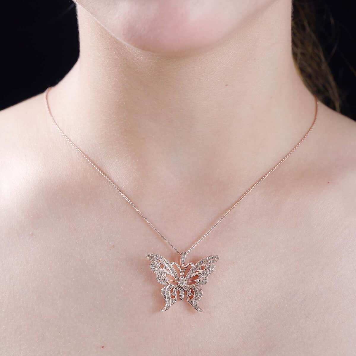 Natural Champagne Diamond 0.50 ctw Butterfly Pendant in 18K Vermeil Rose Gold Over Sterling Silver image number 2