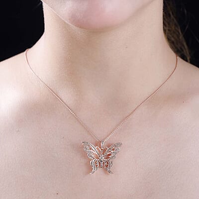 Natural Champagne Diamond 0.50 ctw Butterfly Pendant without Chain in 18K Vermeil Rose Gold Over Sterling Silver
