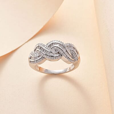 Diamond Twisted Ring in Rhodium Over Sterling Silver (Size 6.0) 0.75 ctw