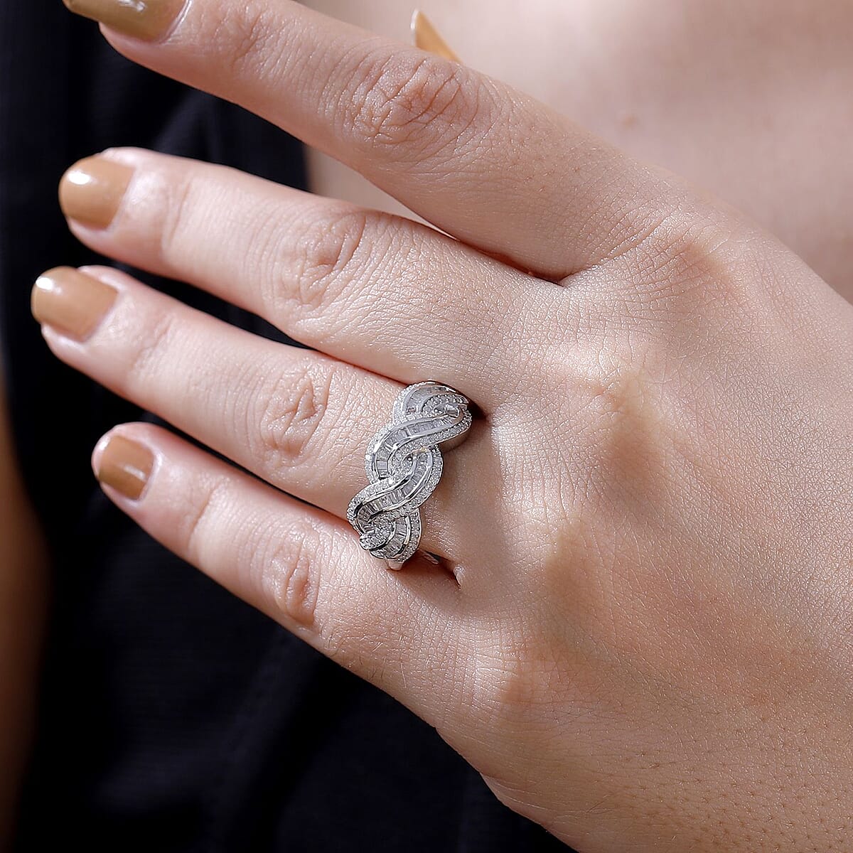 Diamond Twisted Ring in Rhodium Over Sterling Silver (Size 6.0) 0.75 ctw image number 2