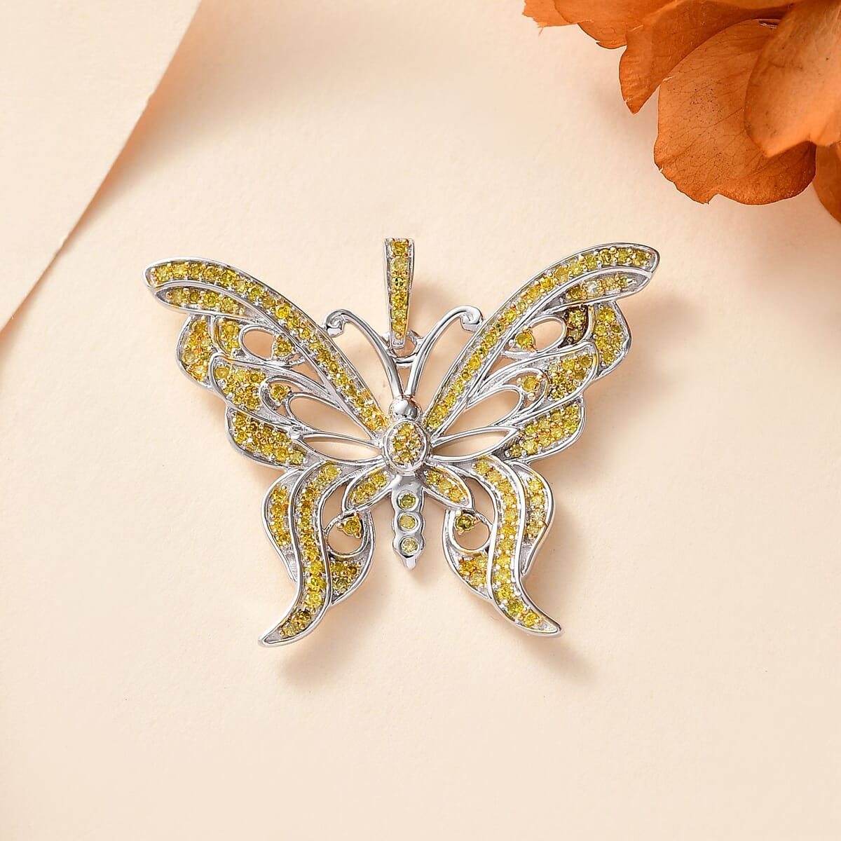 Yellow Diamond 0.55 ctw Butterfly Pendant in Rhodium Over Sterling Silver image number 1
