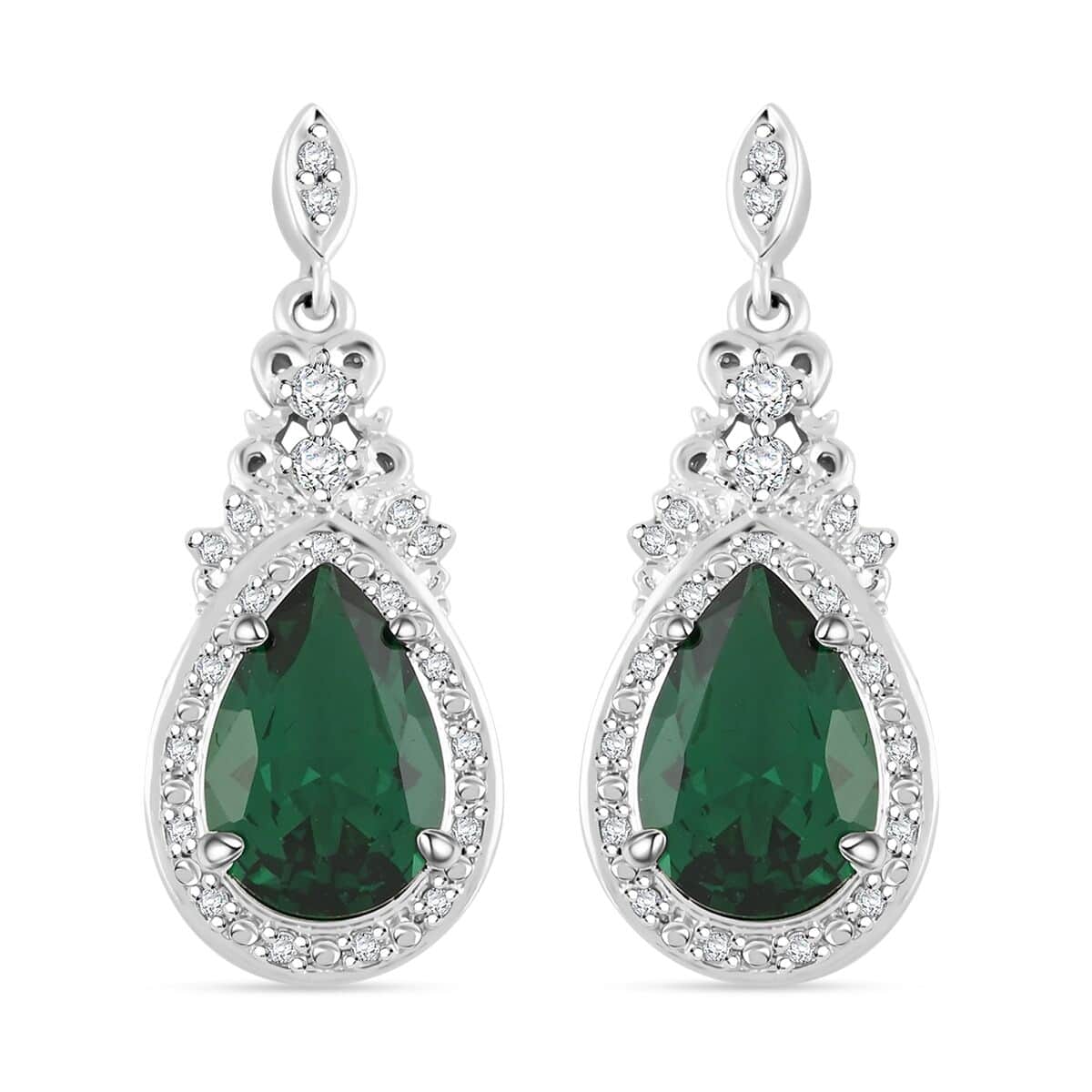 Simulated Emerald and Simulated Diamond 6.20 ctw Earrings in Silvertone image number 0