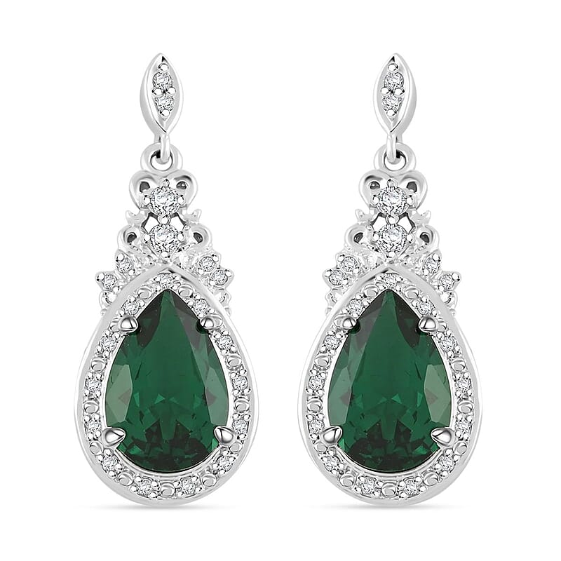 Simulated Emerald and Simulated Diamond 6.20 ctw Earrings in Silvertone