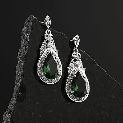 Simulated Emerald and Simulated Diamond 6.20 ctw Earrings in Silvertone