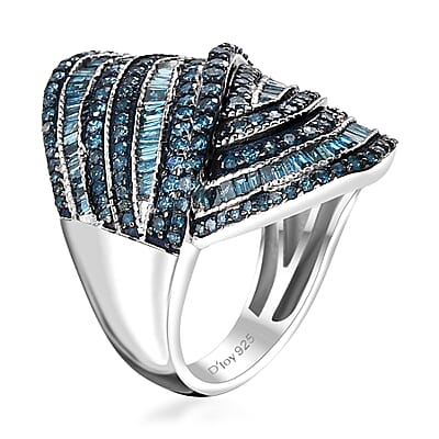 D'Joy Blue Diamond 1.50 ctw Wave Ring in Rhodium Over Sterling Silver (Size 6.0)