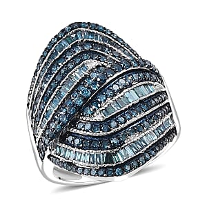 Blue Diamond 1.50 ctw Wave Ring in Rhodium Over Sterling Silver (Size 8.0)
