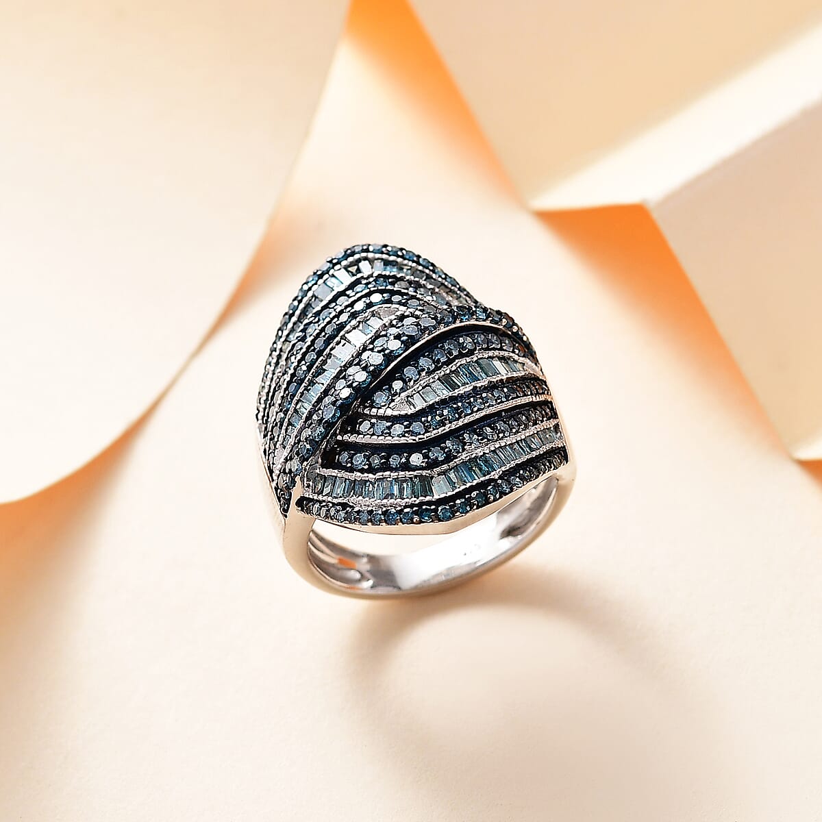 Blue Diamond 1.50 ctw Wave Ring in Rhodium Over Sterling Silver (Size 8.0) image number 1