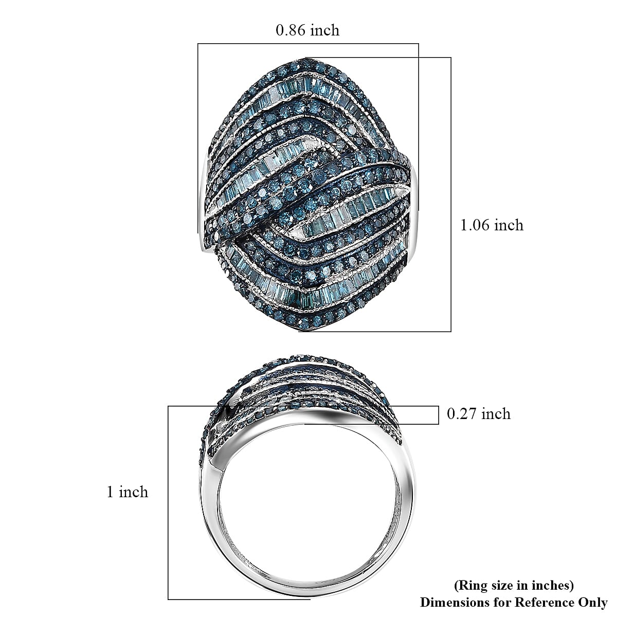 Blue Diamond 1.50 ctw Wave Ring in Rhodium Over Sterling Silver (Size 8.0) image number 5