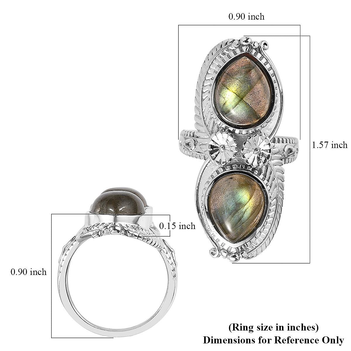 Malagasy Labradorite 7.90 ctw Feather Ring in Stainless Steel (Size 7.0) image number 5