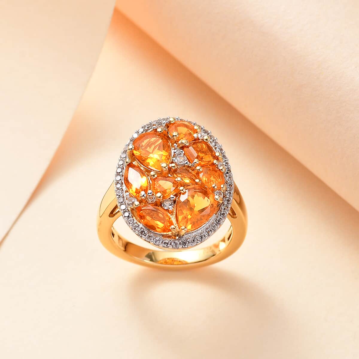 Jalisco Fire Opal and White Zircon 2.30 ctw Ring in 18K Vermeil Yellow Gold Over Sterling Silver (Size 5.0) image number 1