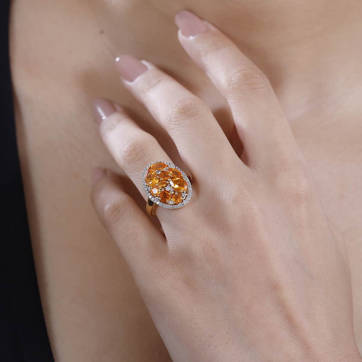 Jalisco Fire Opal and White Zircon 2.30 ctw Ring in 18K Vermeil Yellow Gold Over Sterling Silver (Size 5.0) image number 2