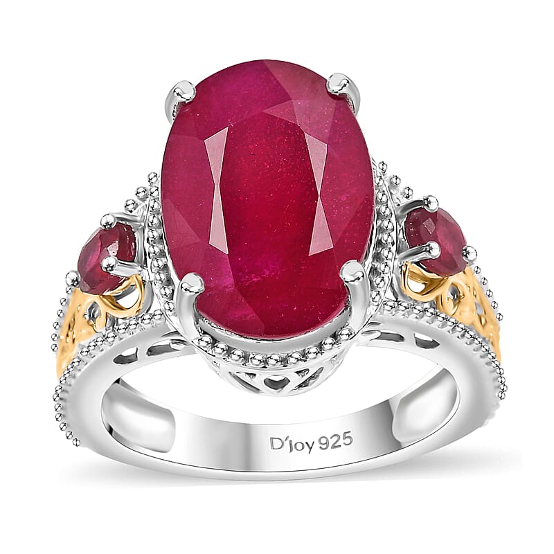 D'Joy Niassa Ruby (FF) 12.00 ctw Ring in 18K Vermeil YG and Rhodium Over Sterling Silver (Size 10.0)