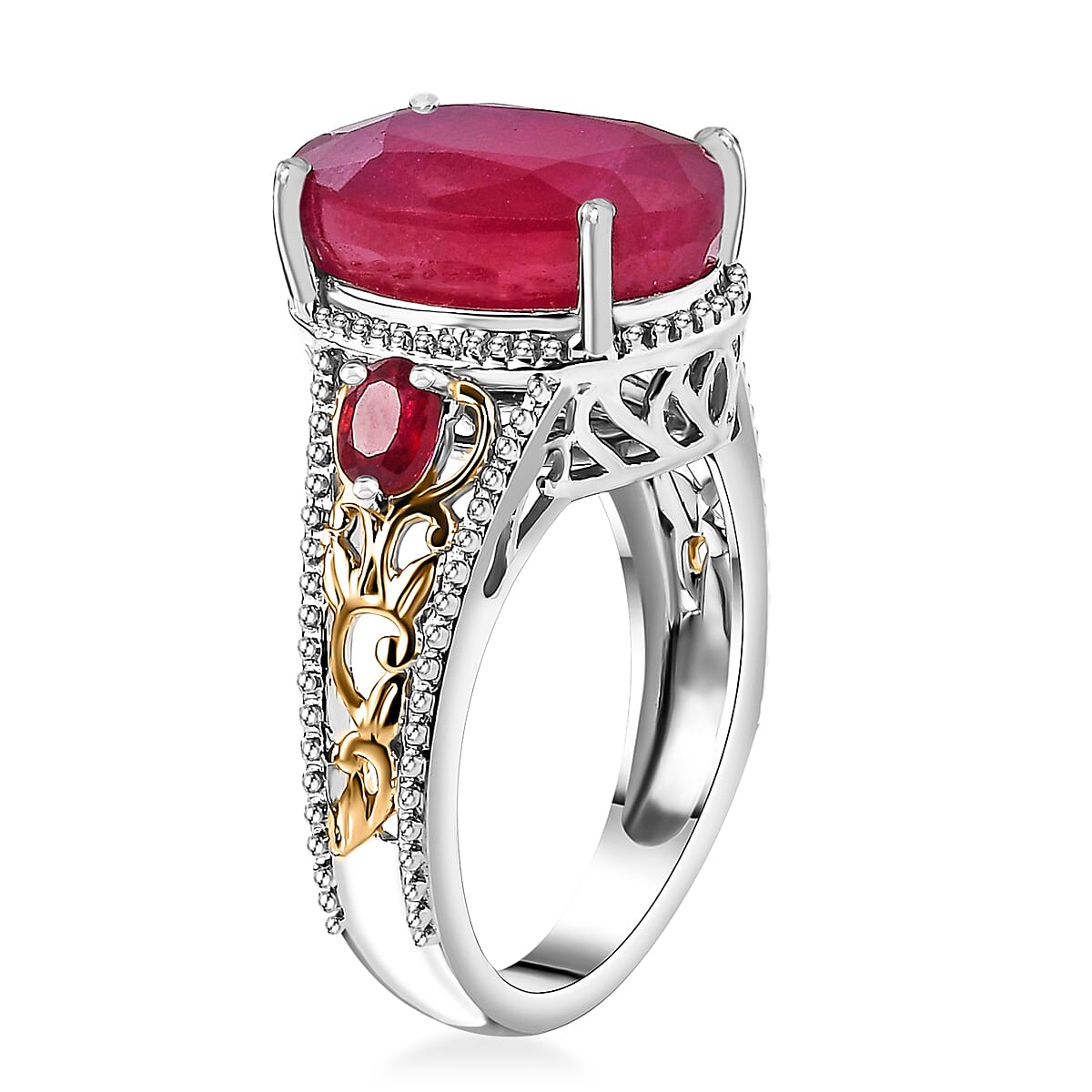 Niassa Ruby (FF) 12.00 ctw Ring in 18K Vermeil YG and Rhodium Over Sterling Silver (Size 6.0) image number 3