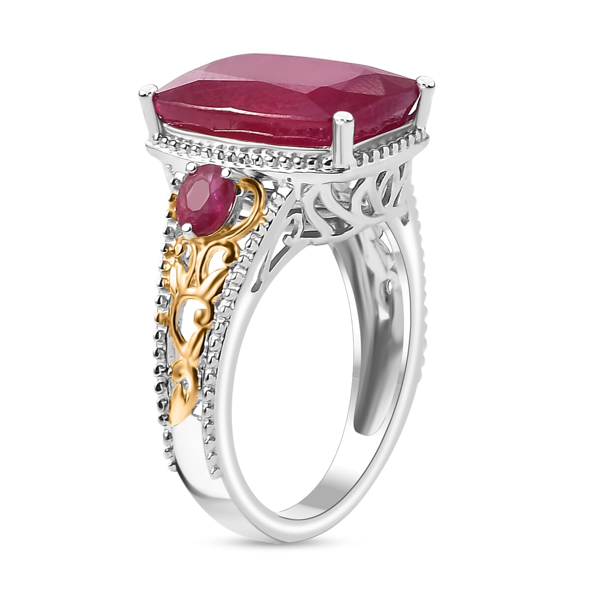Niassa Ruby (FF) 7.10 ctw Ring in 18K Vermeil YG and Rhodium Over Sterling Silver (Size 8.0) image number 3