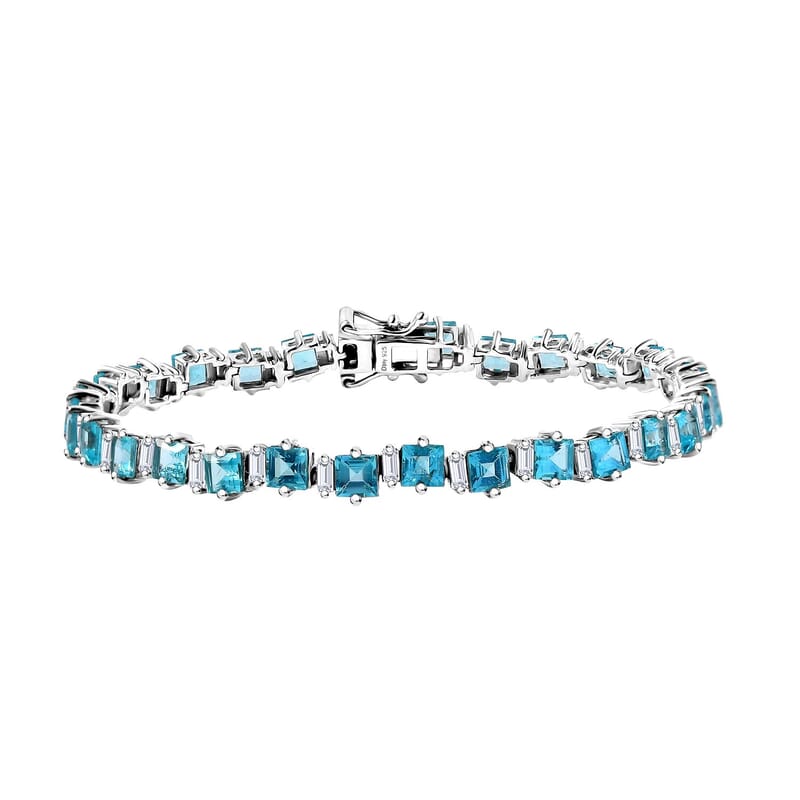 D'Joy Premium Betroka Blue Apatite and Moissanite 12.50 ctw Sea Waves Bracelet in Rhodium Over Sterling Silver (7.25 In)