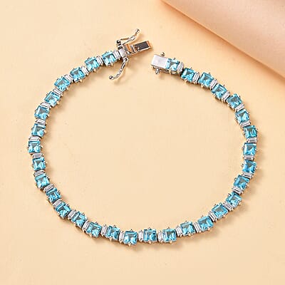D'Joy Premium Betroka Blue Apatite and Moissanite 12.50 ctw Sea Waves Bracelet in Rhodium Over Sterling Silver (7.25 In)