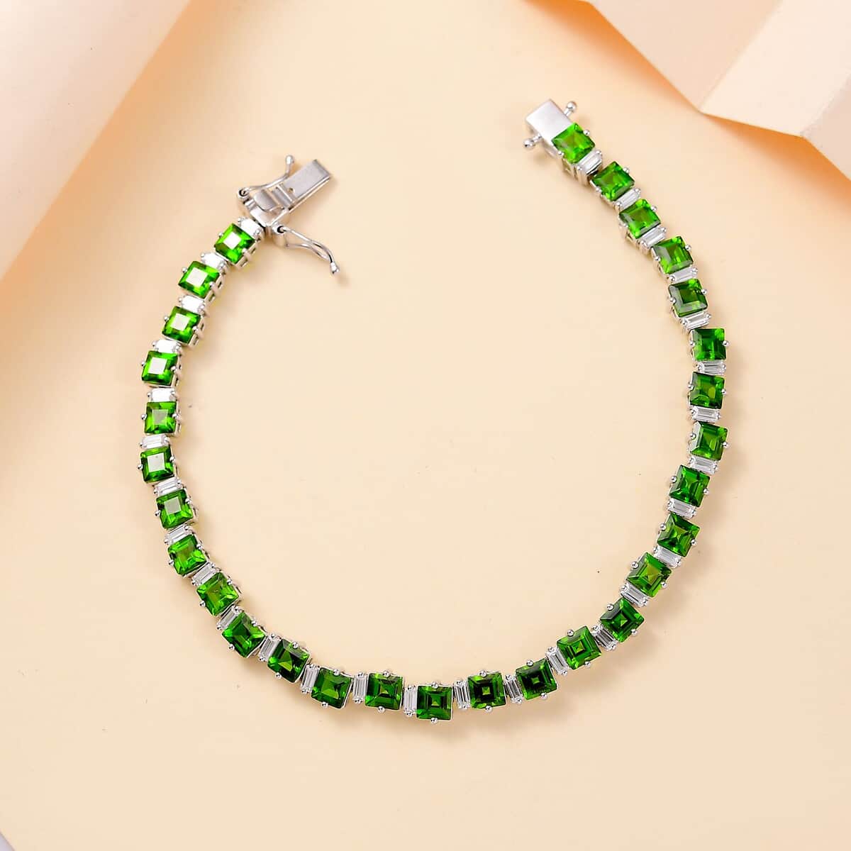 Chrome Diopside and Moissanite 11.90 ctw Sea Waves Bracelet in Rhodium Over Sterling Silver (7.25 In) image number 1