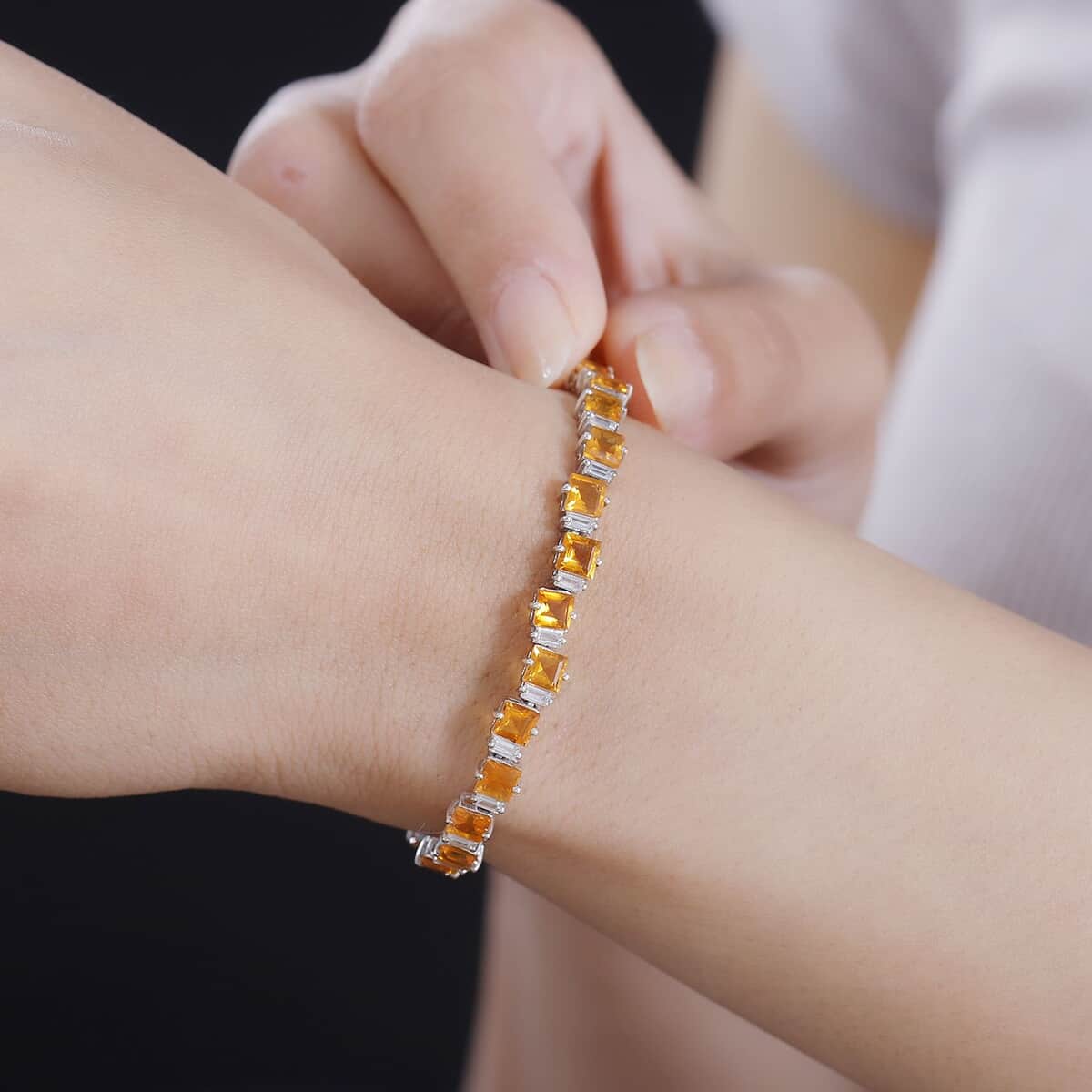 Salamanca Fire Opal and Moissanite 8.90 ctw Sea Waves Bracelet in Rhodium Over Sterling Silver (7.25 In) image number 2