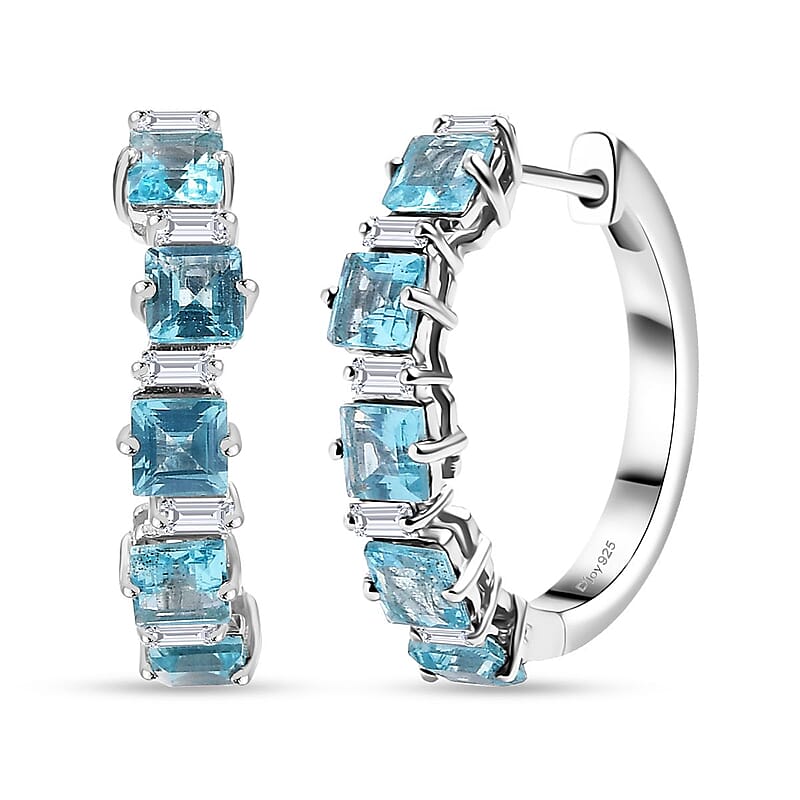 D'Joy Premium Betroka Blue Apatite and Moissanite 4.00 ctw Sea Waves Earrings in Rhodium Over Sterling Silver