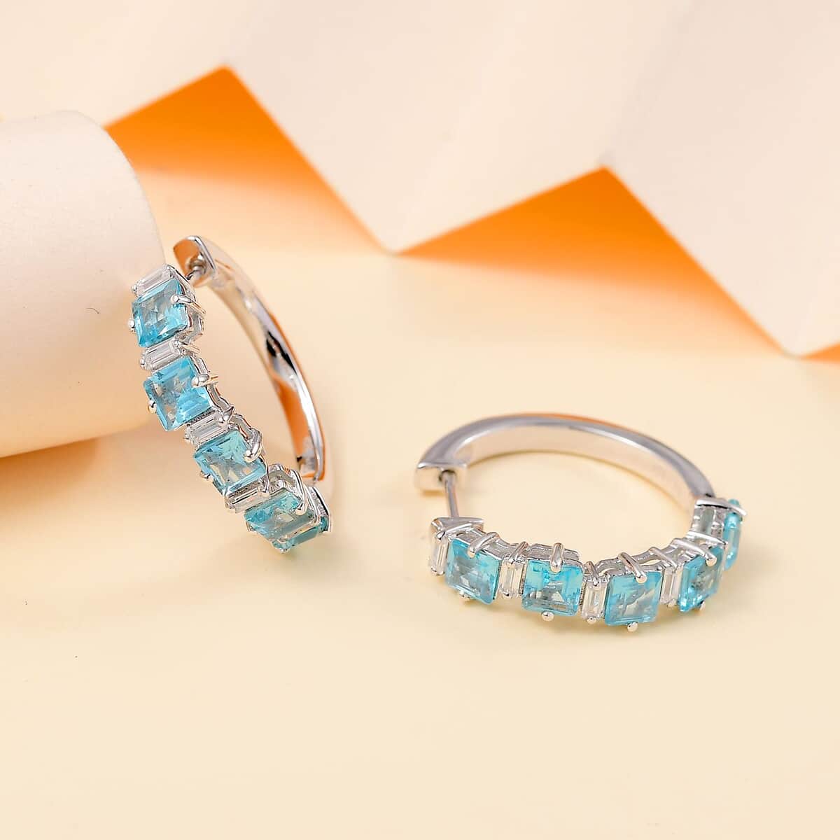 Premium Betroka Blue Apatite and Moissanite 4.00 ctw Sea Waves Earrings in Rhodium Over Sterling Silver image number 1