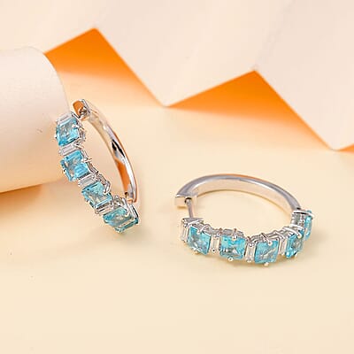 D'Joy Premium Betroka Blue Apatite and Moissanite 4.00 ctw Sea Waves Earrings in Rhodium Over Sterling Silver