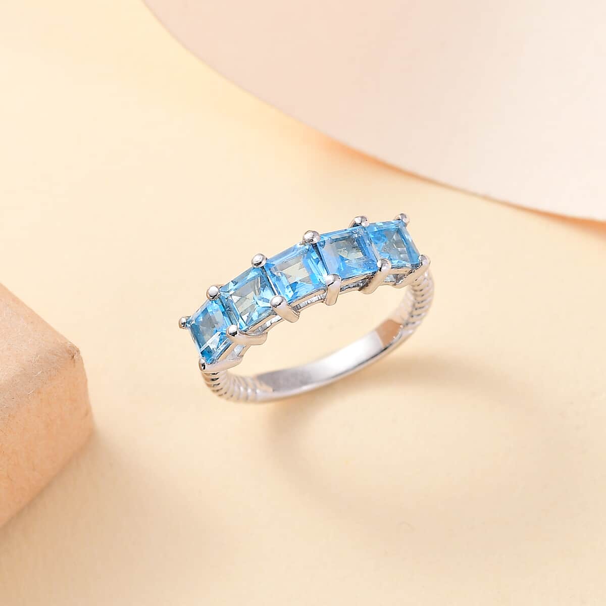 Swiss Blue Topaz 2.15 ctw 5 Stone Ring in Rhodium Over Sterling Silver (Size 10.0) image number 1