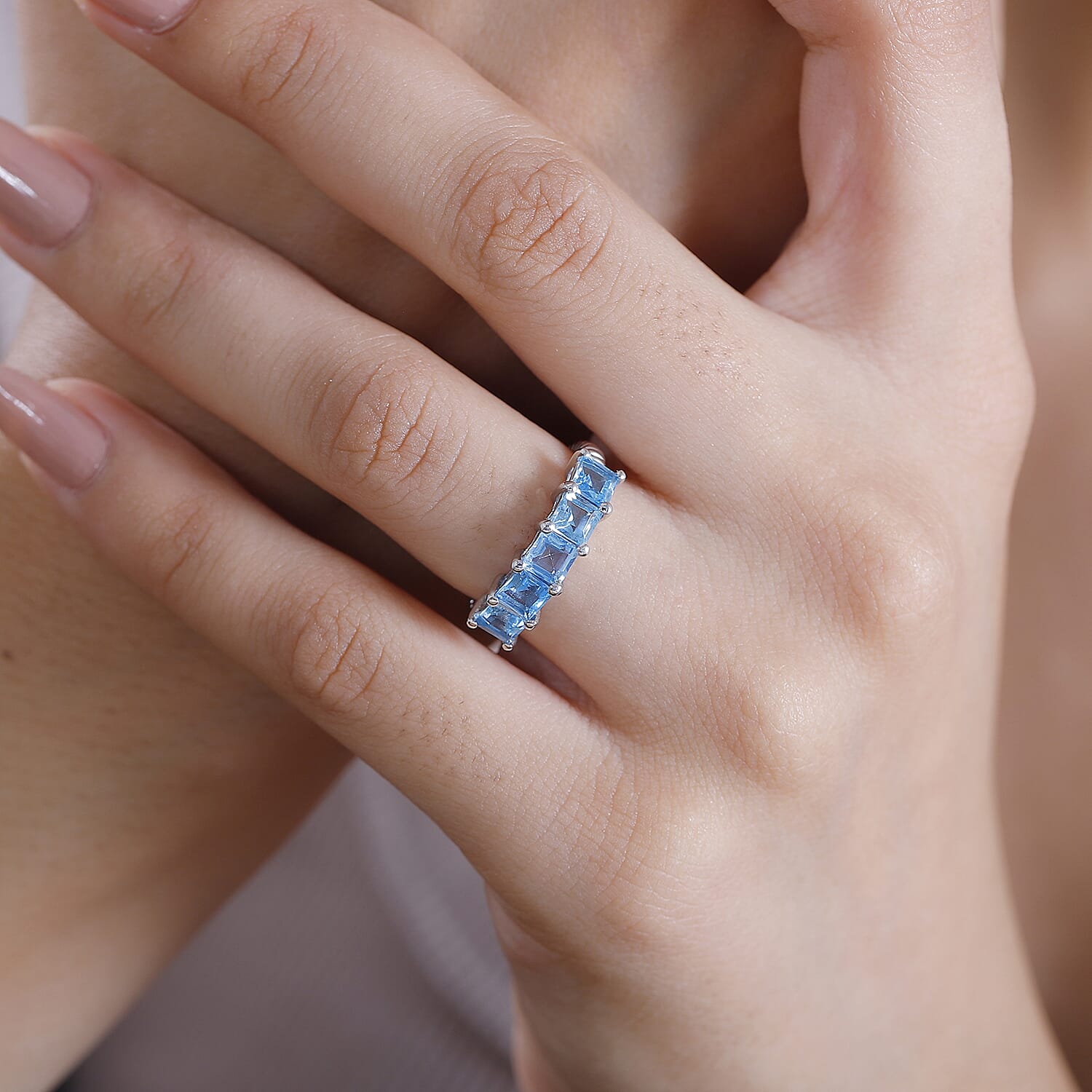 Swiss Blue Topaz 5 Stone Ring in Rhodium Over Sterling Silver (Size 10.0) 2.15 ctw