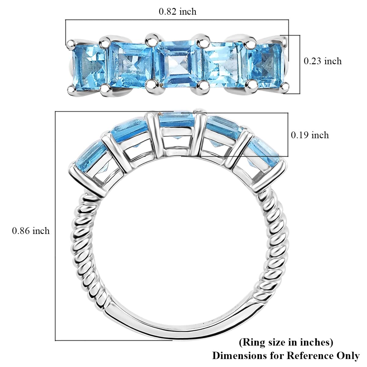 Swiss Blue Topaz 2.15 ctw 5 Stone Ring in Rhodium Over Sterling Silver (Size 10.0) image number 5