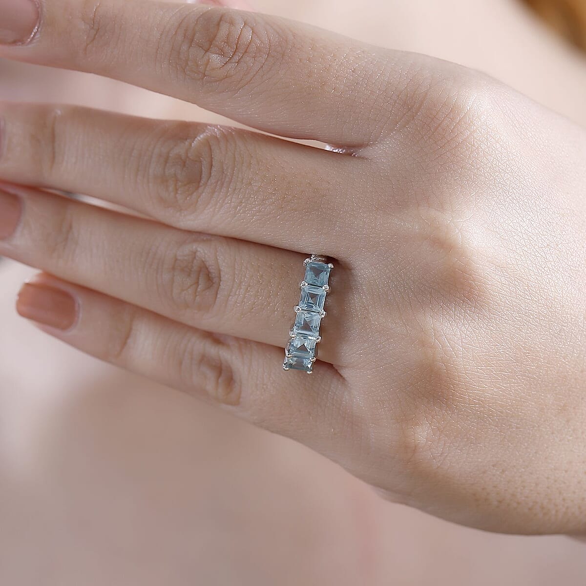 Swiss Blue Topaz 5 Stone Ring in Rhodium Over Sterling Silver (Size 10.0) 2.15 ctw image number 2