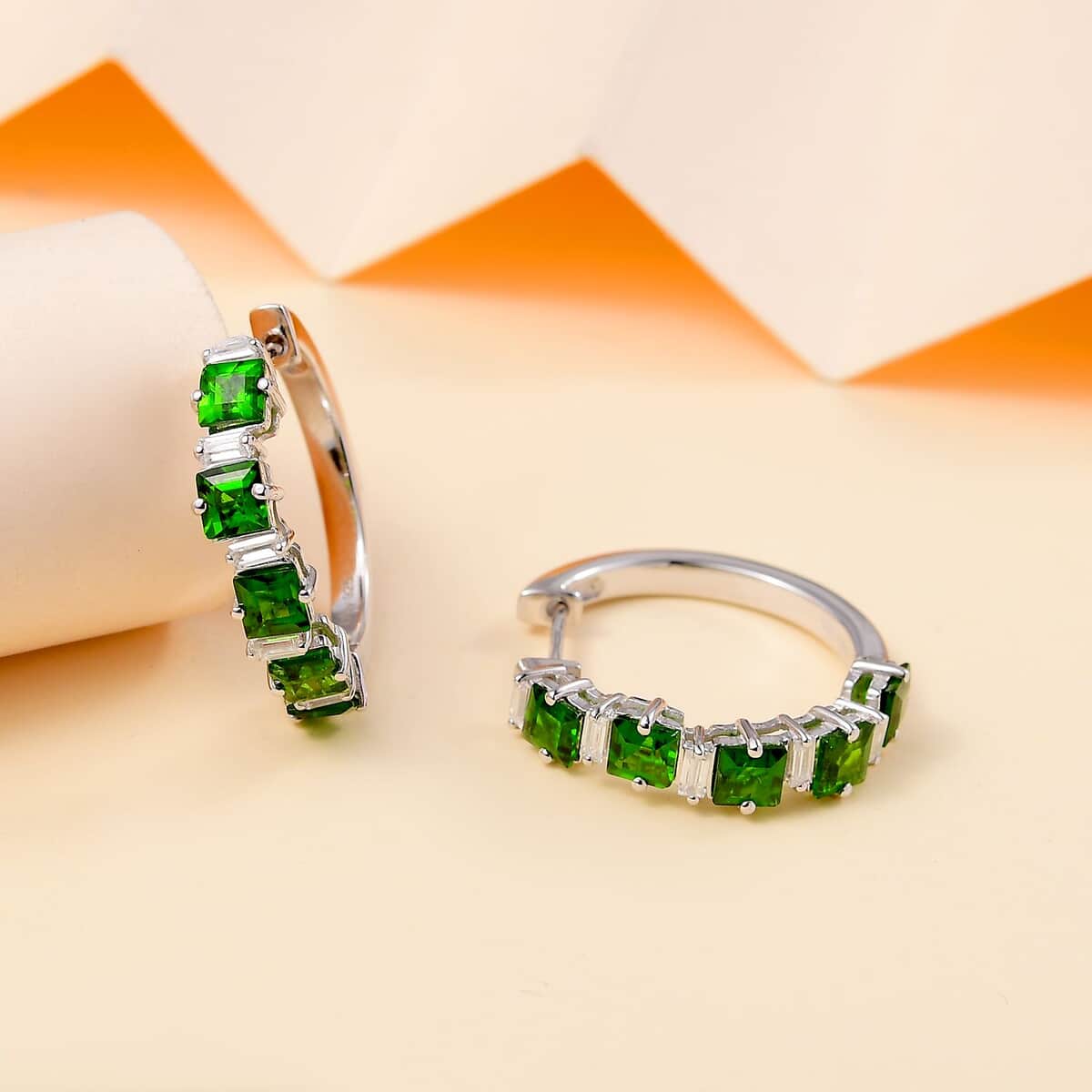 Chrome Diopside and Sea Waves Moissanite 4.10 ctw Earrings in Rhodium Over Sterling Silver image number 1