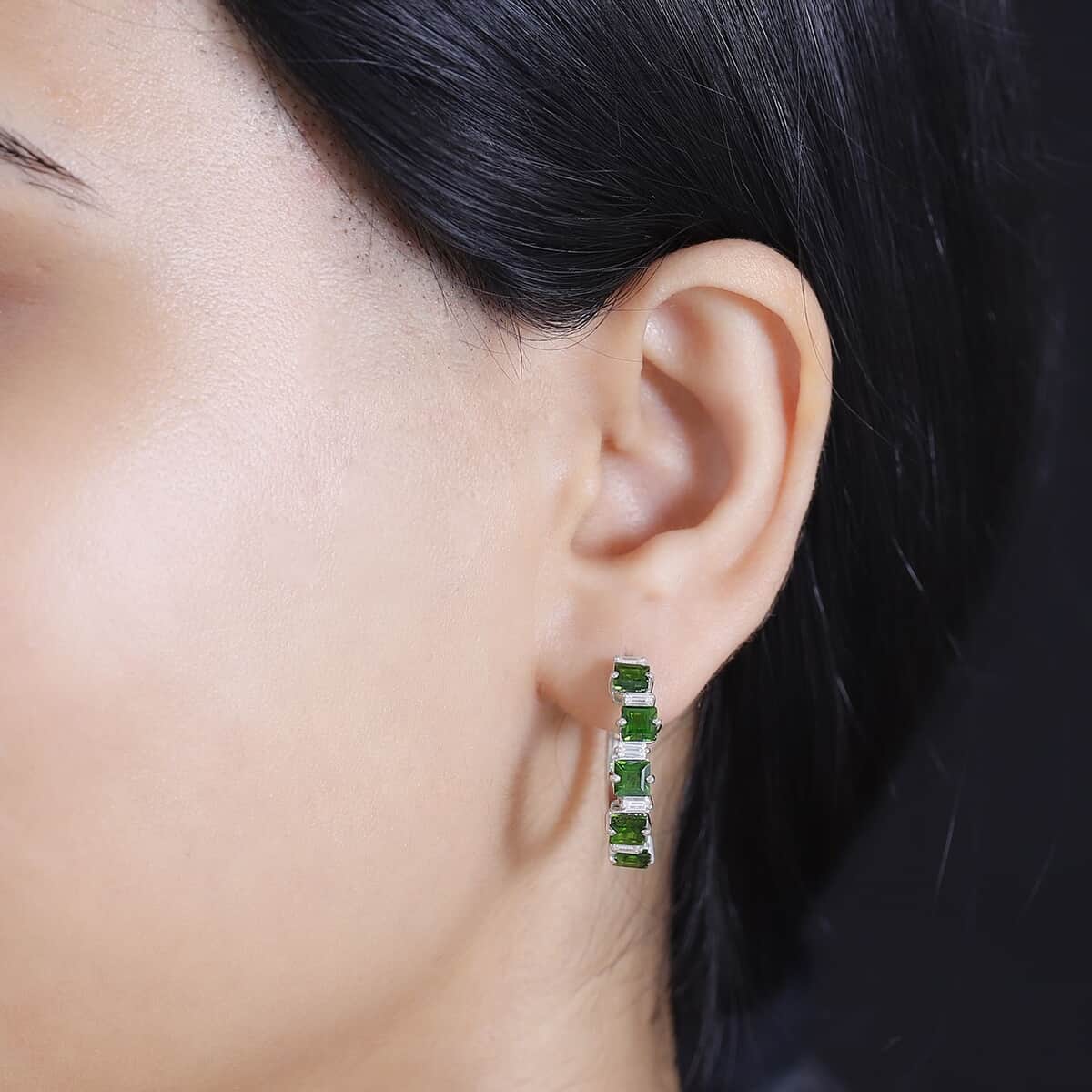 Chrome Diopside and Sea Waves Moissanite 4.10 ctw Earrings in Rhodium Over Sterling Silver image number 2