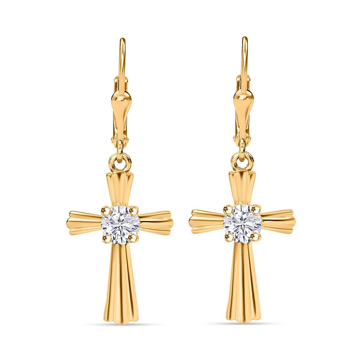 D'Joy Moissanite 0.90 ctw Cross Lever Back Earrings in 18K Vermeil Yellow Gold Over Sterling Silver