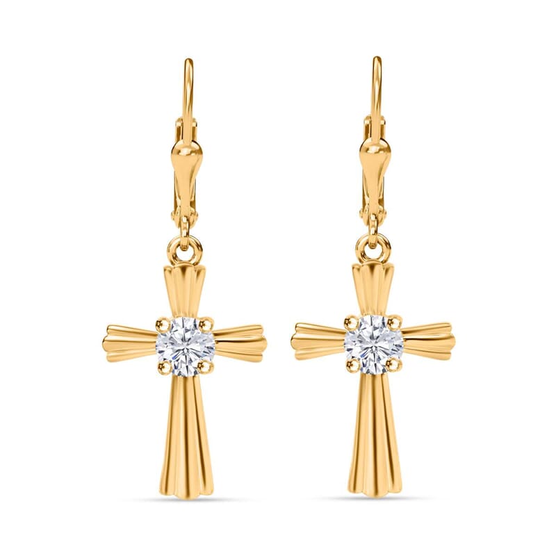 D'Joy Moissanite 0.90 ctw Cross Lever Back Earrings in 18K Vermeil Yellow Gold Over Sterling Silver