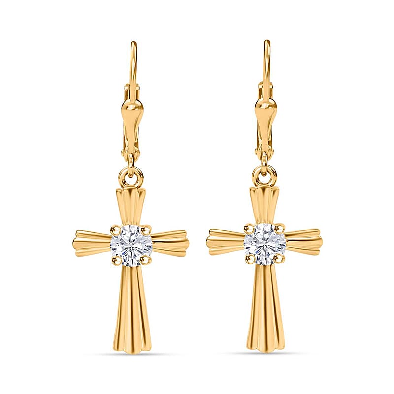 D'Joy Moissanite 0.90 ctw Cross Lever Back Earrings in 18K Vermeil Yellow Gold Over Sterling Silver