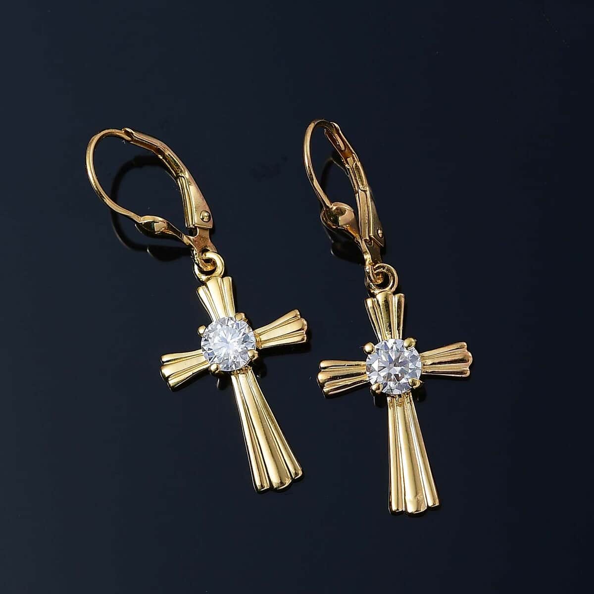 Moissanite Cross Lever Back Earrings in 18K Vermeil YG Over Sterling Silver 0.90 ctw image number 1