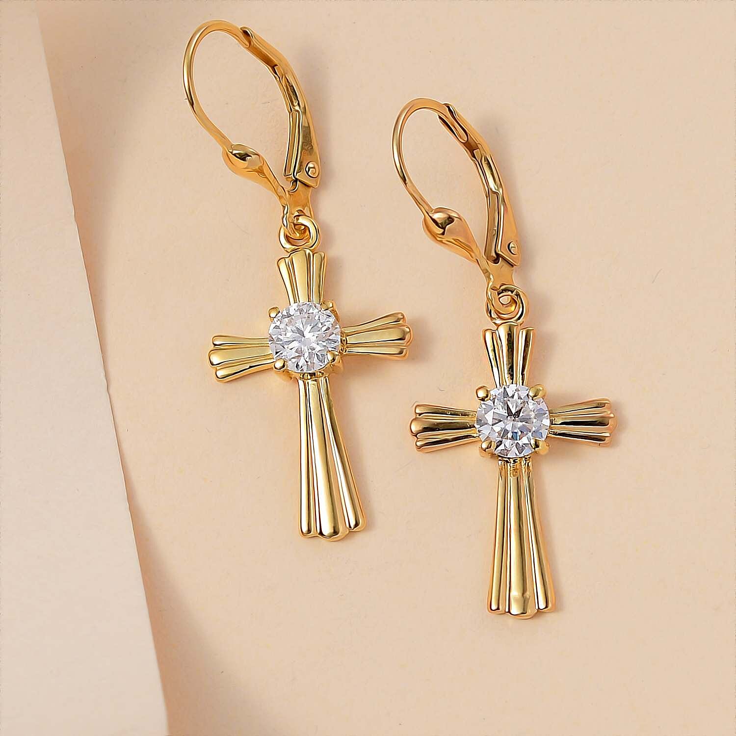 D'Joy Moissanite 0.90 ctw Cross Lever Back Earrings in 18K Vermeil Yellow Gold Over Sterling Silver