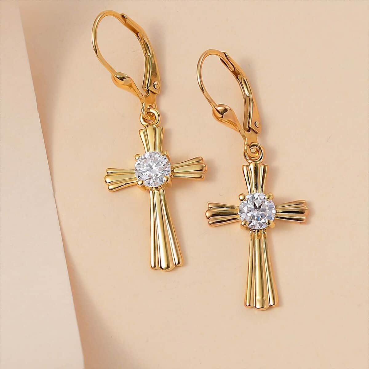 Moissanite Cross Lever Back Earrings in 18K Vermeil YG Over Sterling Silver 0.90 ctw image number 2