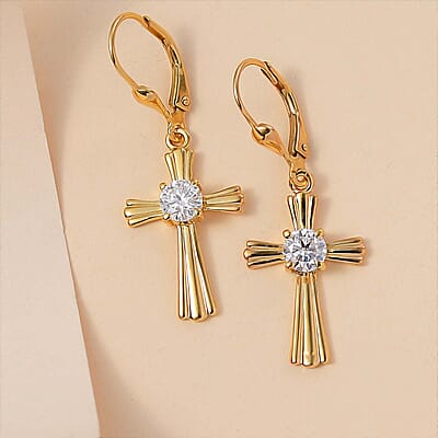 D'Joy Moissanite 0.90 ctw Cross Lever Back Earrings in 18K Vermeil Yellow Gold Over Sterling Silver
