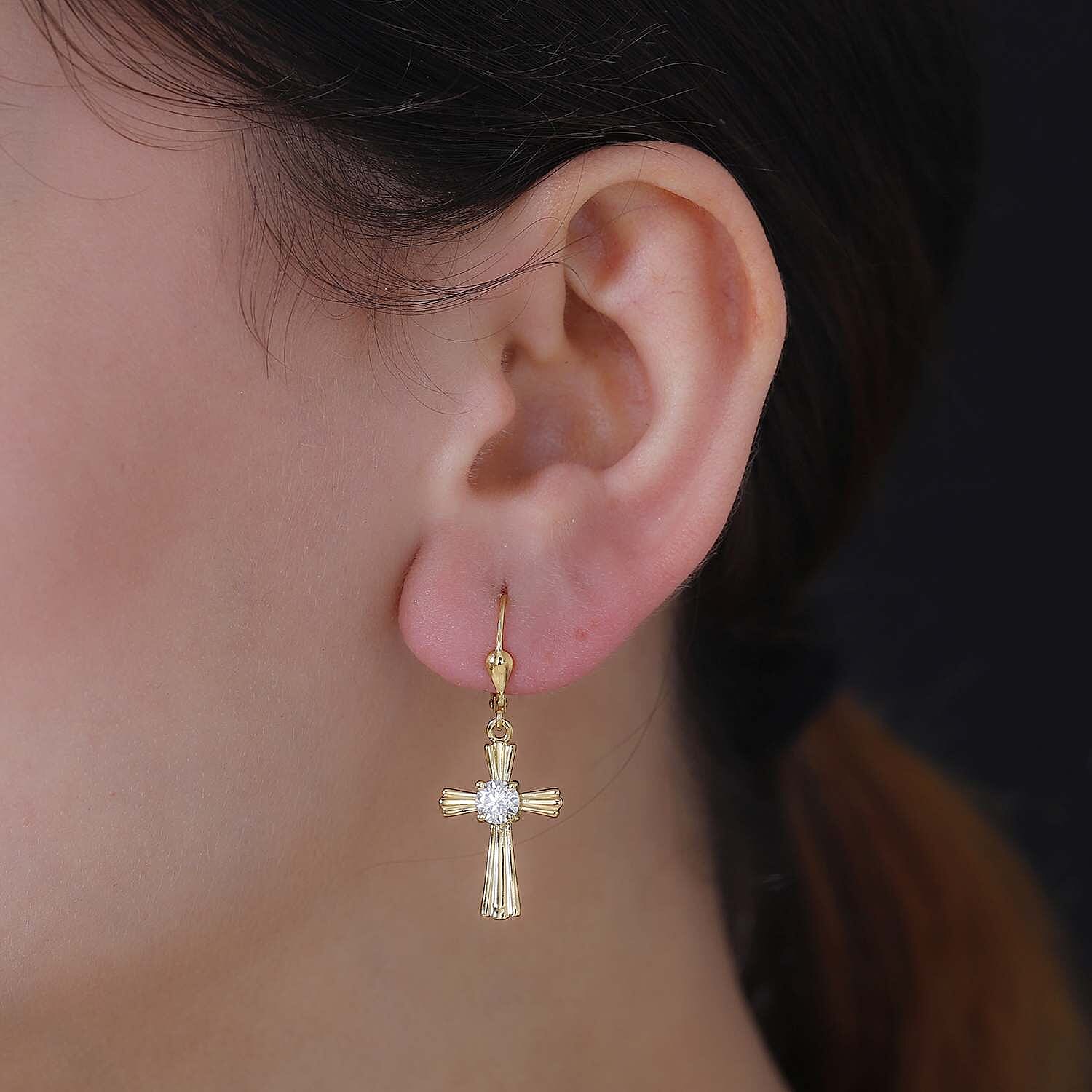 D'Joy Moissanite 0.90 ctw Cross Lever Back Earrings in 18K Vermeil Yellow Gold Over Sterling Silver