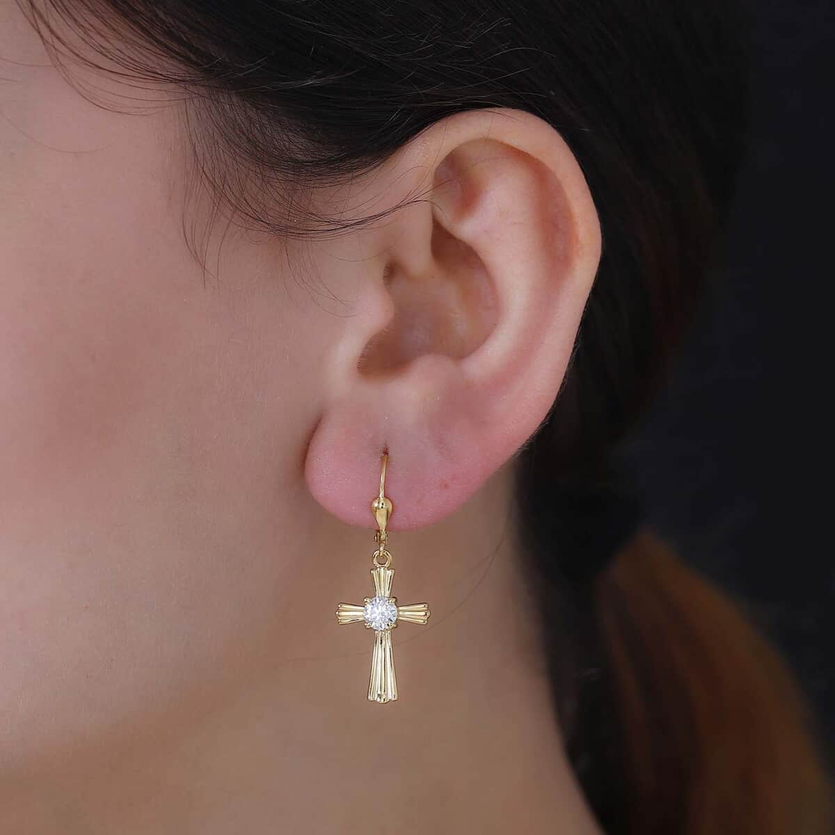 Moissanite Cross Lever Back Earrings in 18K Vermeil YG Over Sterling Silver 0.90 ctw image number 3