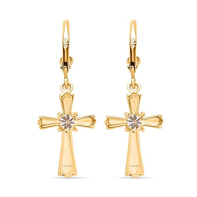 D'Joy Moissanite 0.90 ctw Cross Lever Back Earrings in 18K Vermeil Yellow Gold Over Sterling Silver