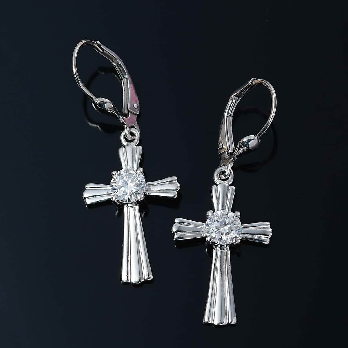 Moissanite 0.90 ctw Cross Lever Back Earrings in Rhodium Over Sterling Silver image number 1