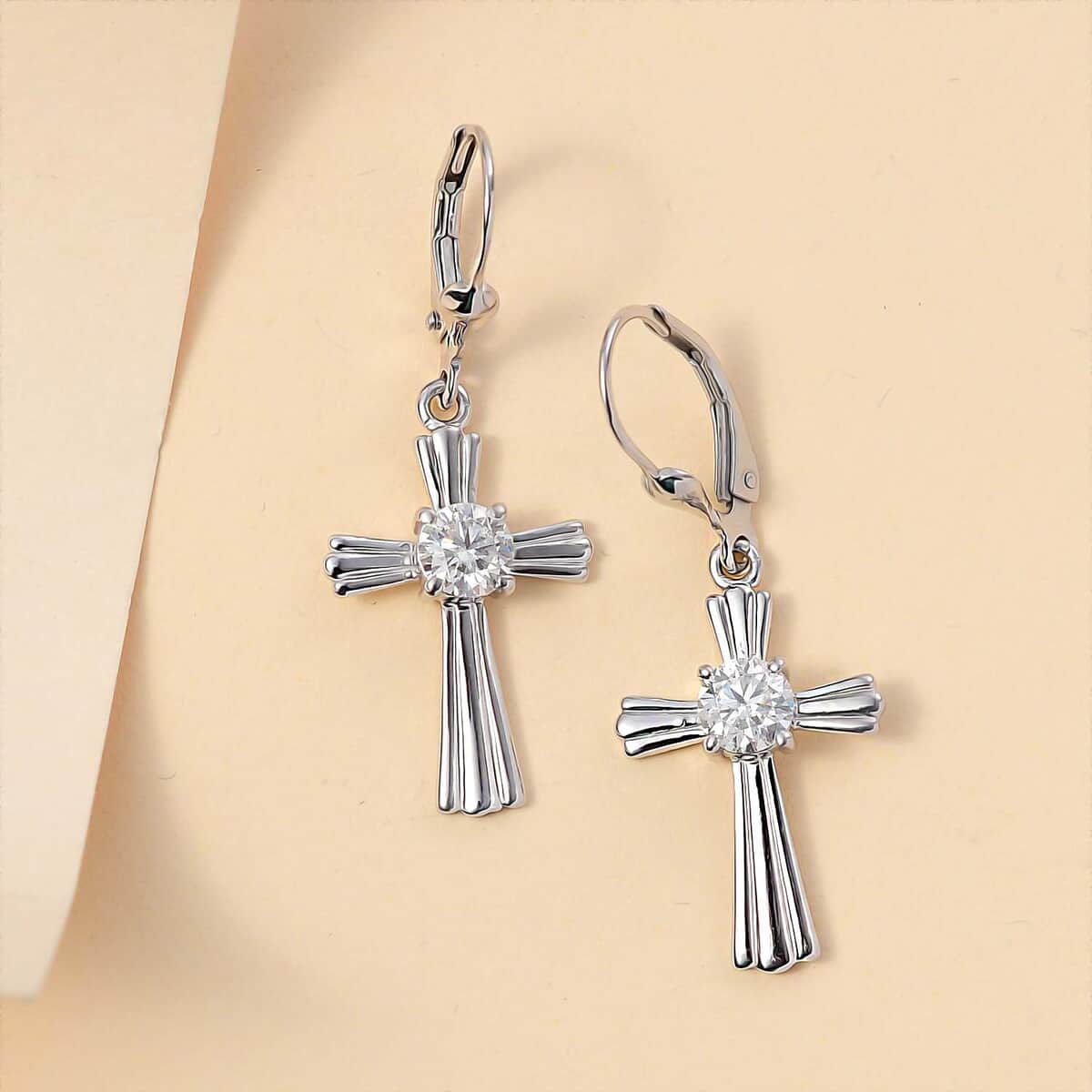 Moissanite 0.90 ctw Cross Lever Back Earrings in Rhodium Over Sterling Silver image number 2