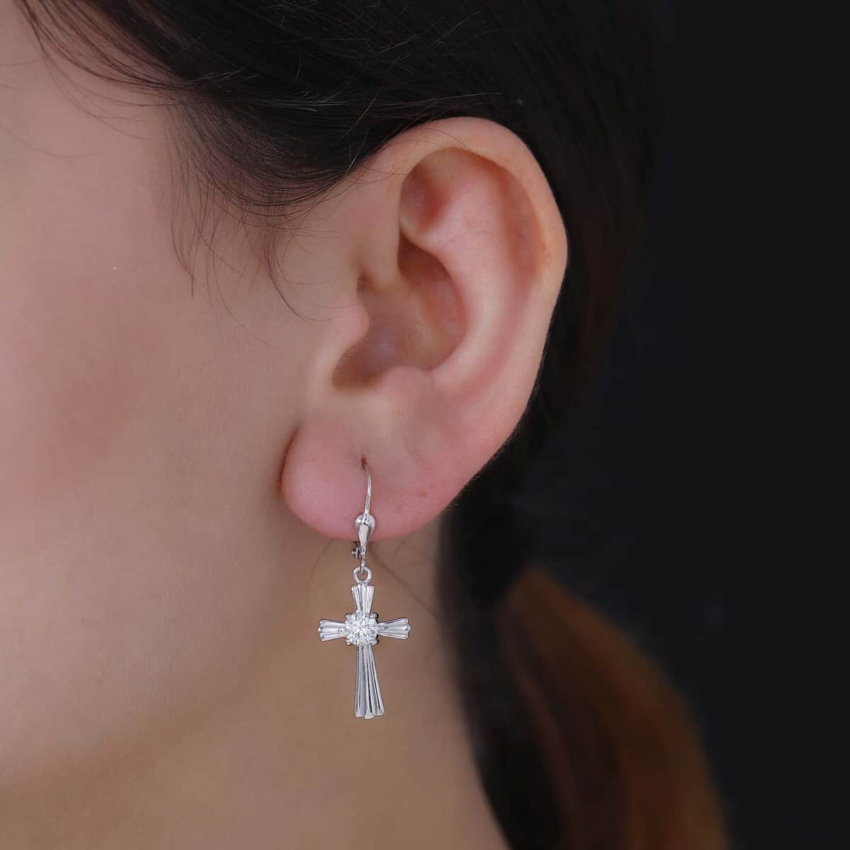 Moissanite 0.90 ctw Cross Lever Back Earrings in Rhodium Over Sterling Silver image number 3