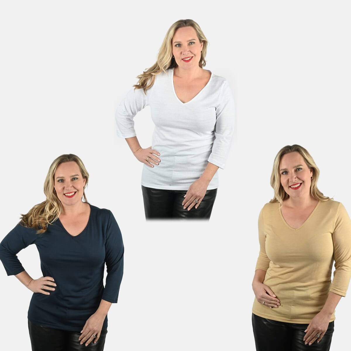 Tamsy Set of 3 Navy, Khaki, White Cotton Blend V-Neck 3/4 Sleeve Shirts - L image number 0