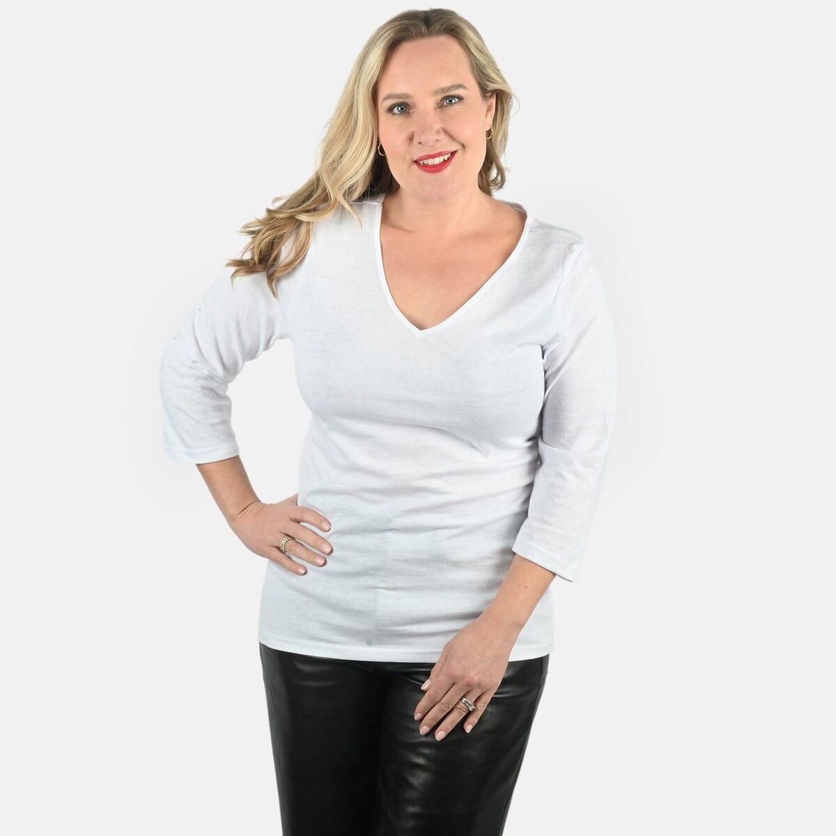 Tamsy Set of 3 Navy, Khaki, White Cotton Blend V-Neck 3/4 Sleeve Shirts - L image number 1