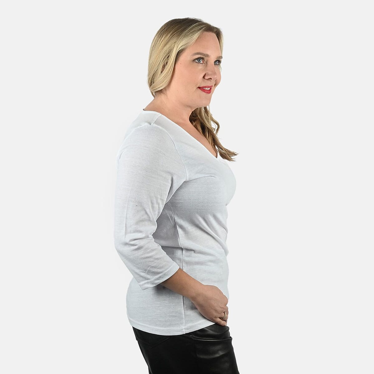 Set of 3 Navy, Khaki, White Cotton Blend V-Neck 3/4 Sleeve Shirts - XL image number 3