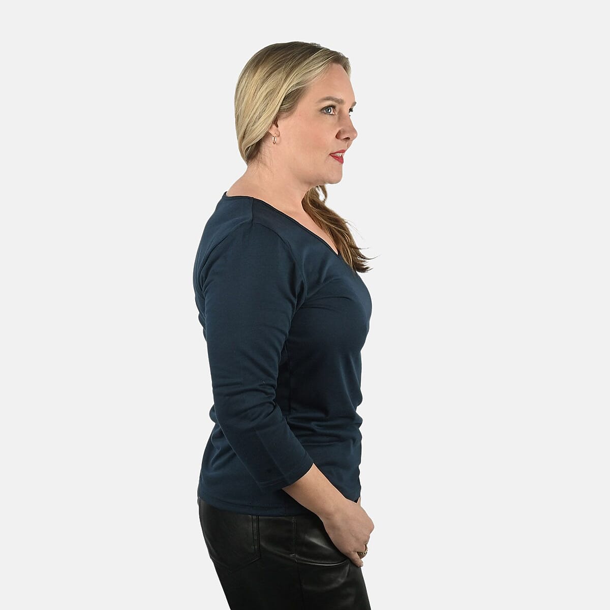 Set of 3 Navy, Khaki, White Cotton Blend V-Neck 3/4 Sleeve Shirts - XL image number 6